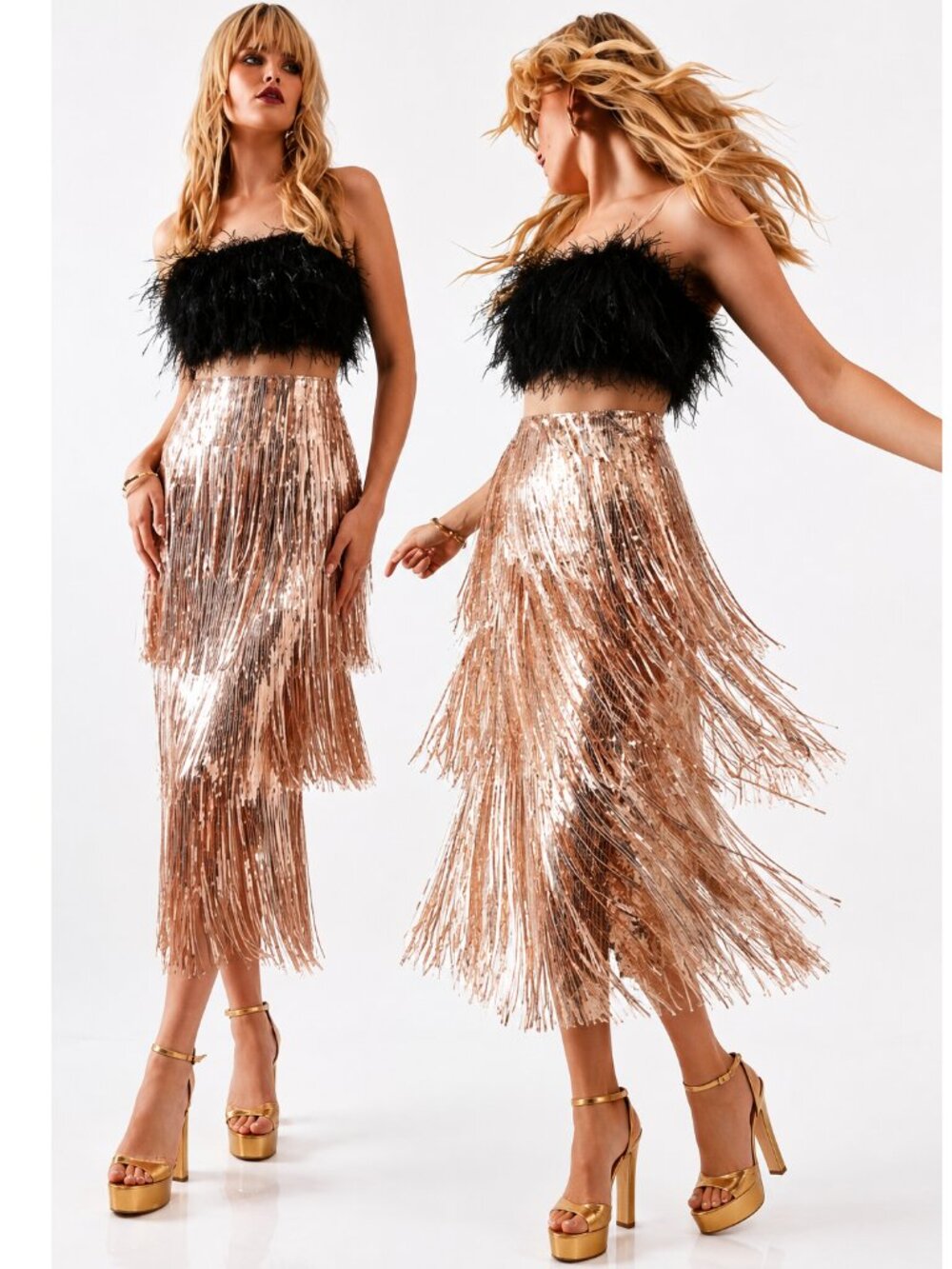 💥INSANELY BEAUTIFUL💥Roaring 20s Vibe Flapper Fringed Midi Skirt in Rose Gold